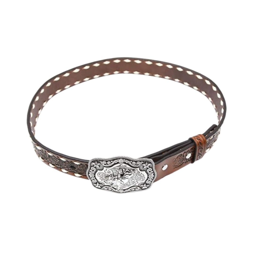 Nocona Boys Floral Embossed Bull Rider Buckle Lacing Belt