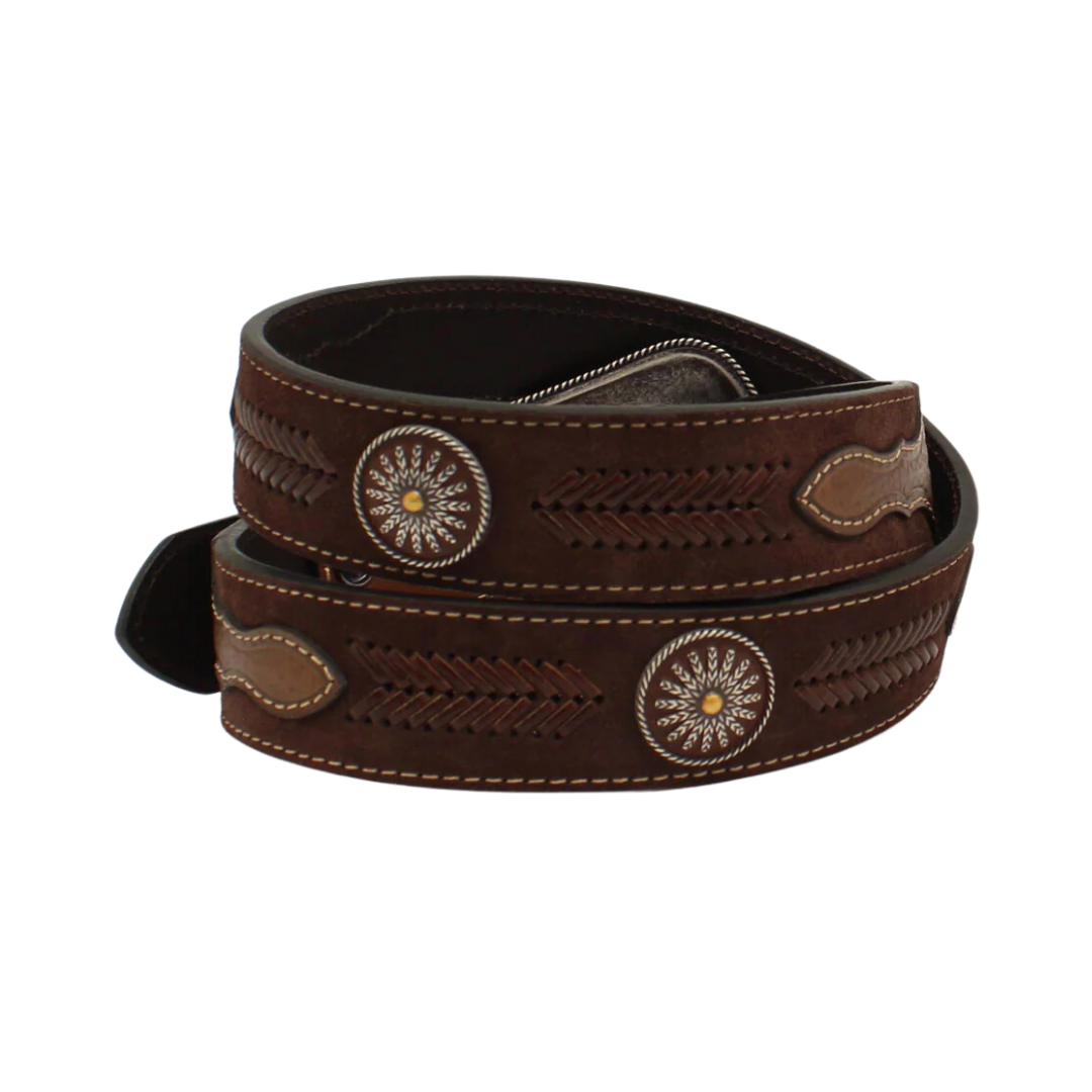 Ariat Men's Basket Weave Tab Round Concho Brown Belt