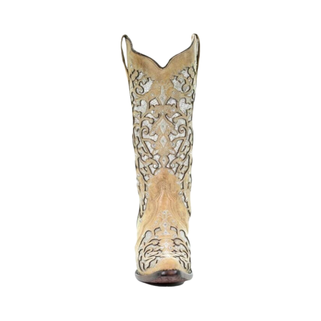 Corral Women's Glitter Inlay Embroidery Studs and Crystals Beige Boots