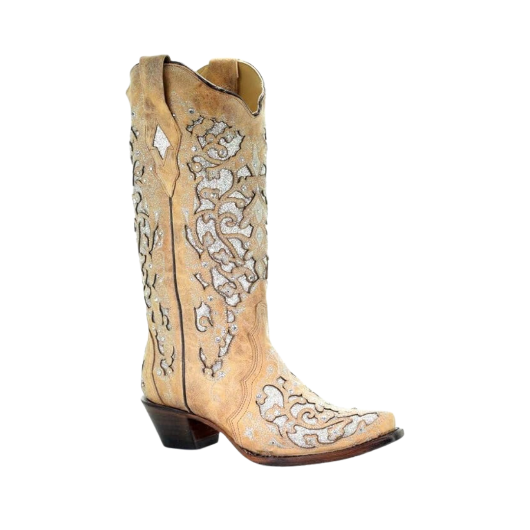 Corral Women's Glitter Inlay Embroidery Studs and Crystals Beige Boots