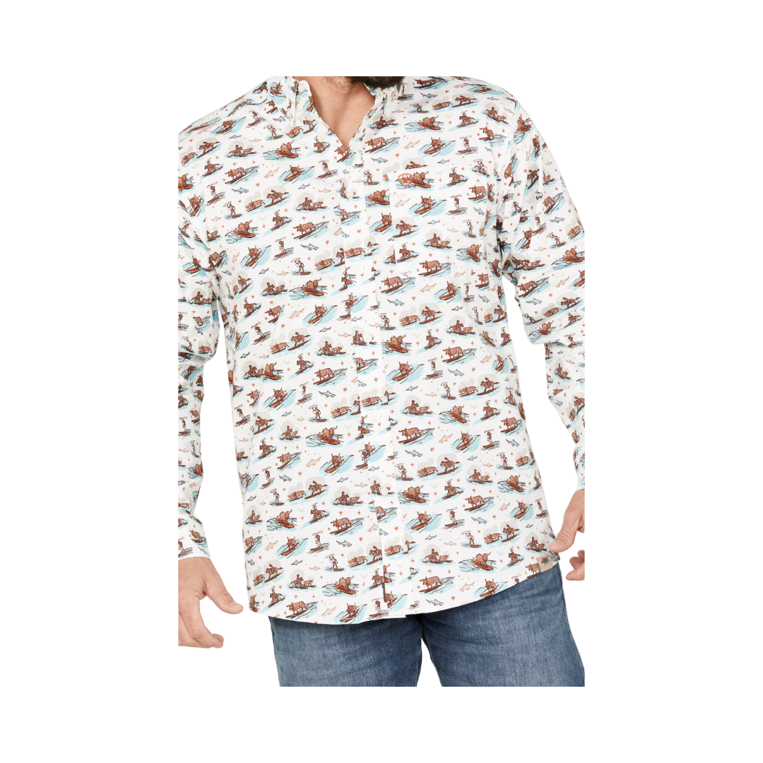 Ariat Men's Surfing Longhorn Aloha Stretch Classic Fit Western Aloha White Shirt