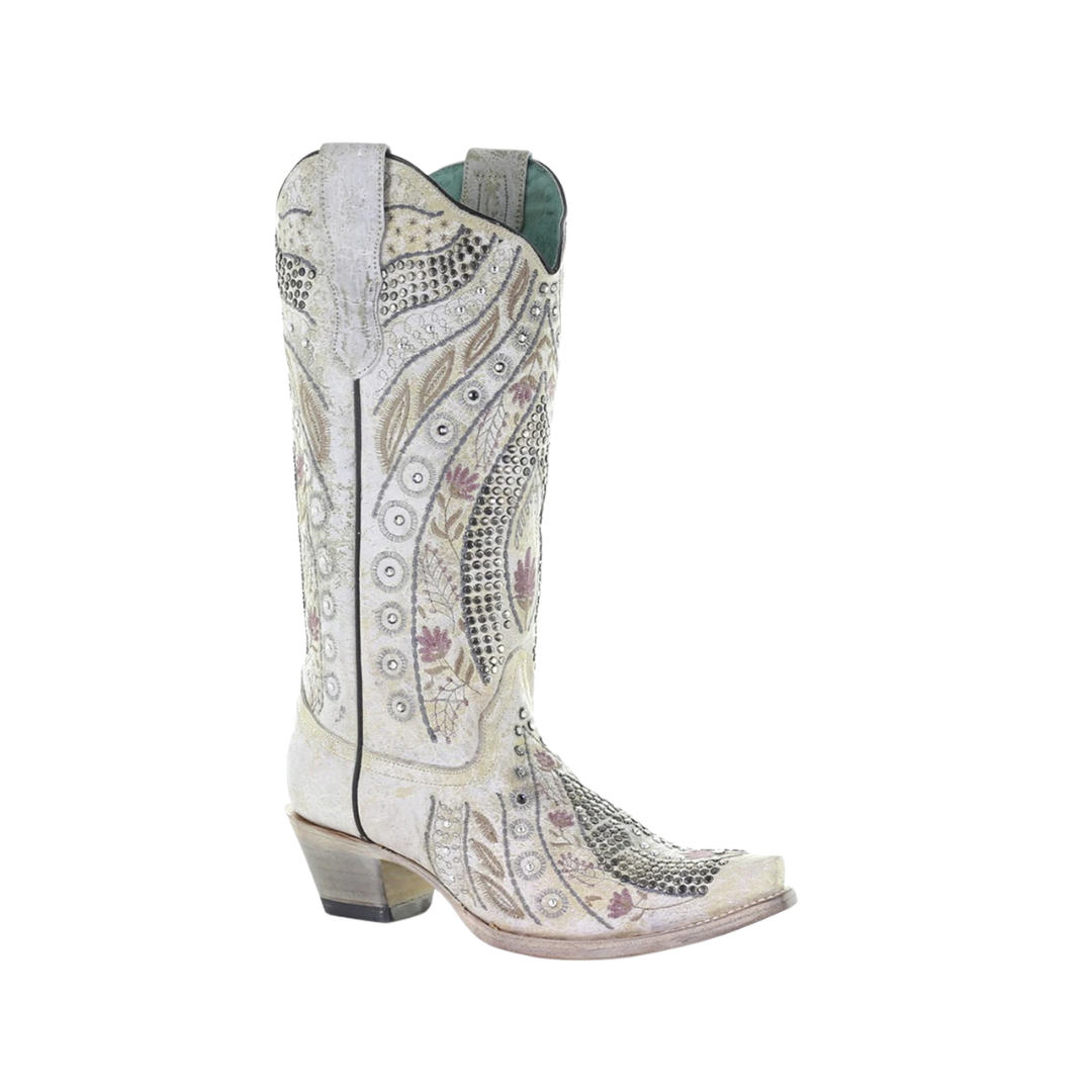 Corral Boots Women's White Floral Embroidery Studs Boots