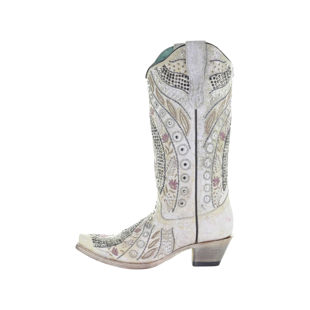 Corral Boots Women's White Floral Embroidery Studs Boots
