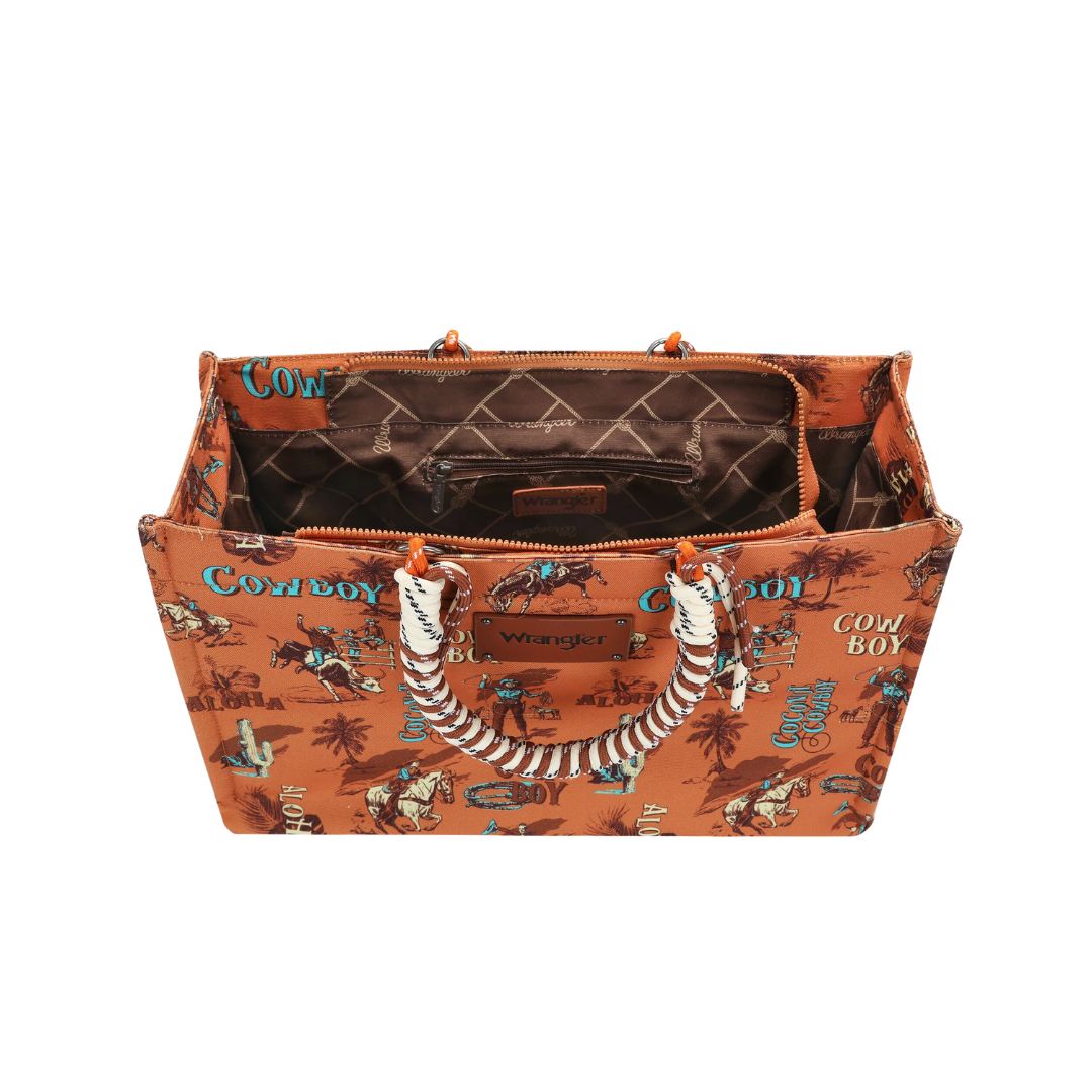 Wrangler Women's Southwestern Whipstitch Patchwork Crossbody Tote Brown Bag