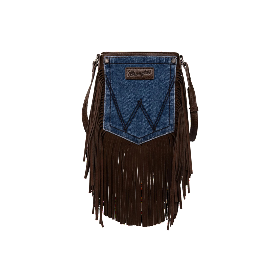 Wrangler Women's Leather Fringe Denim Coffee Brown Crossbody Bag