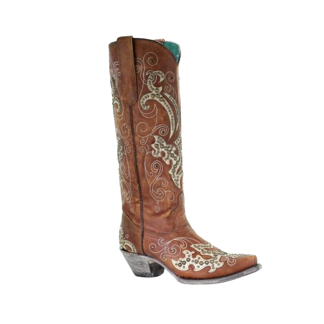 Corral Women's Overlay Embroidery Studs and Crystals Brown Boots