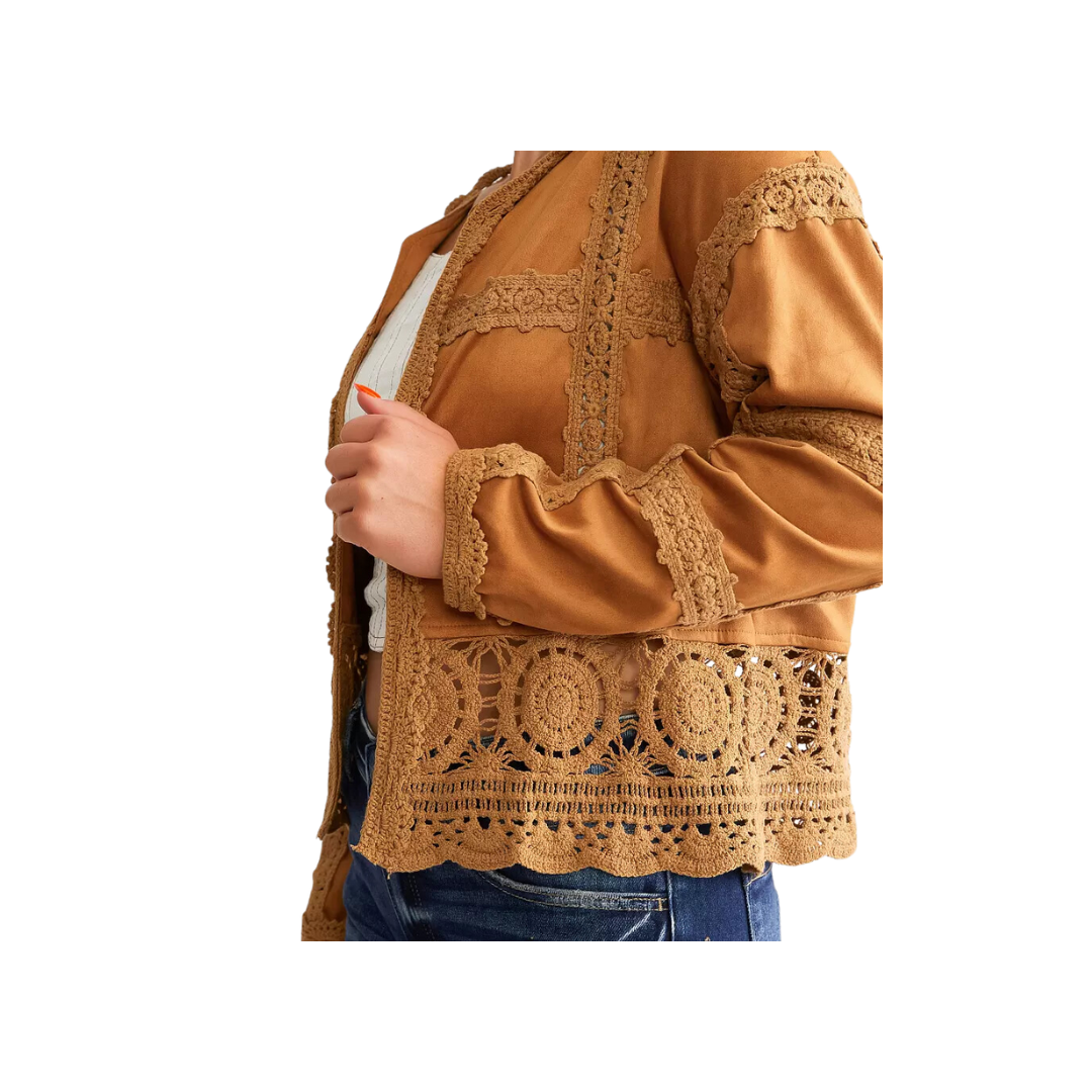 Miss Me Woman's Faux Suede Crochet Open Cardigan