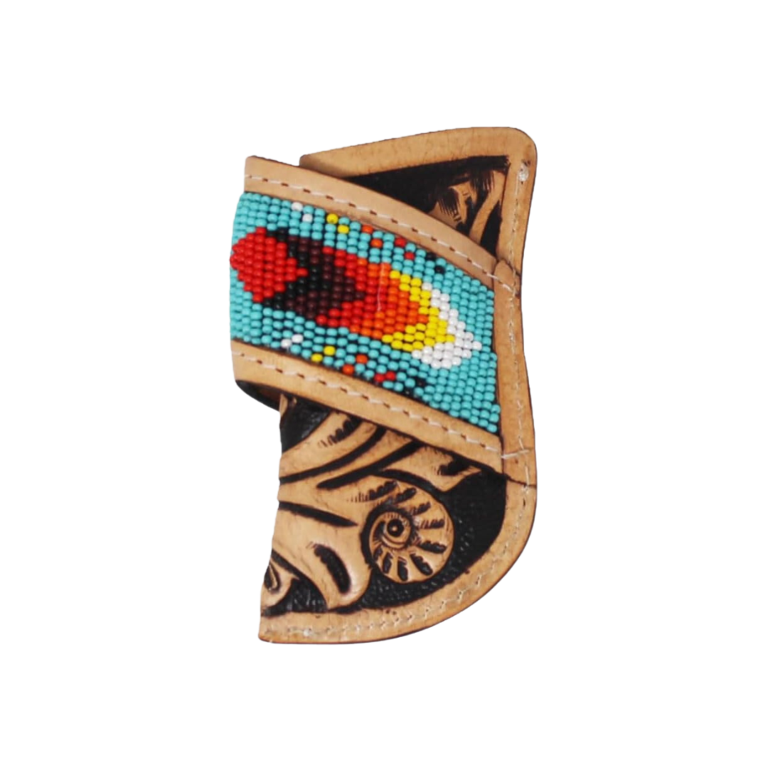 Challenger Western Tooled Beaded Leather Floral Teal Red Knife Sheath