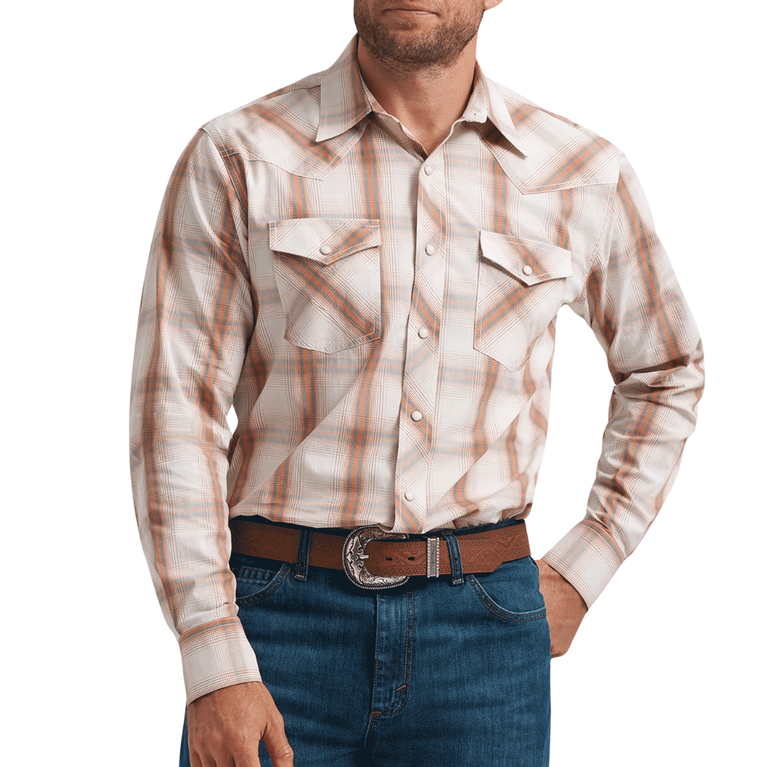 Wrangler Men’s Plaid Snap Cream Orange Shirt