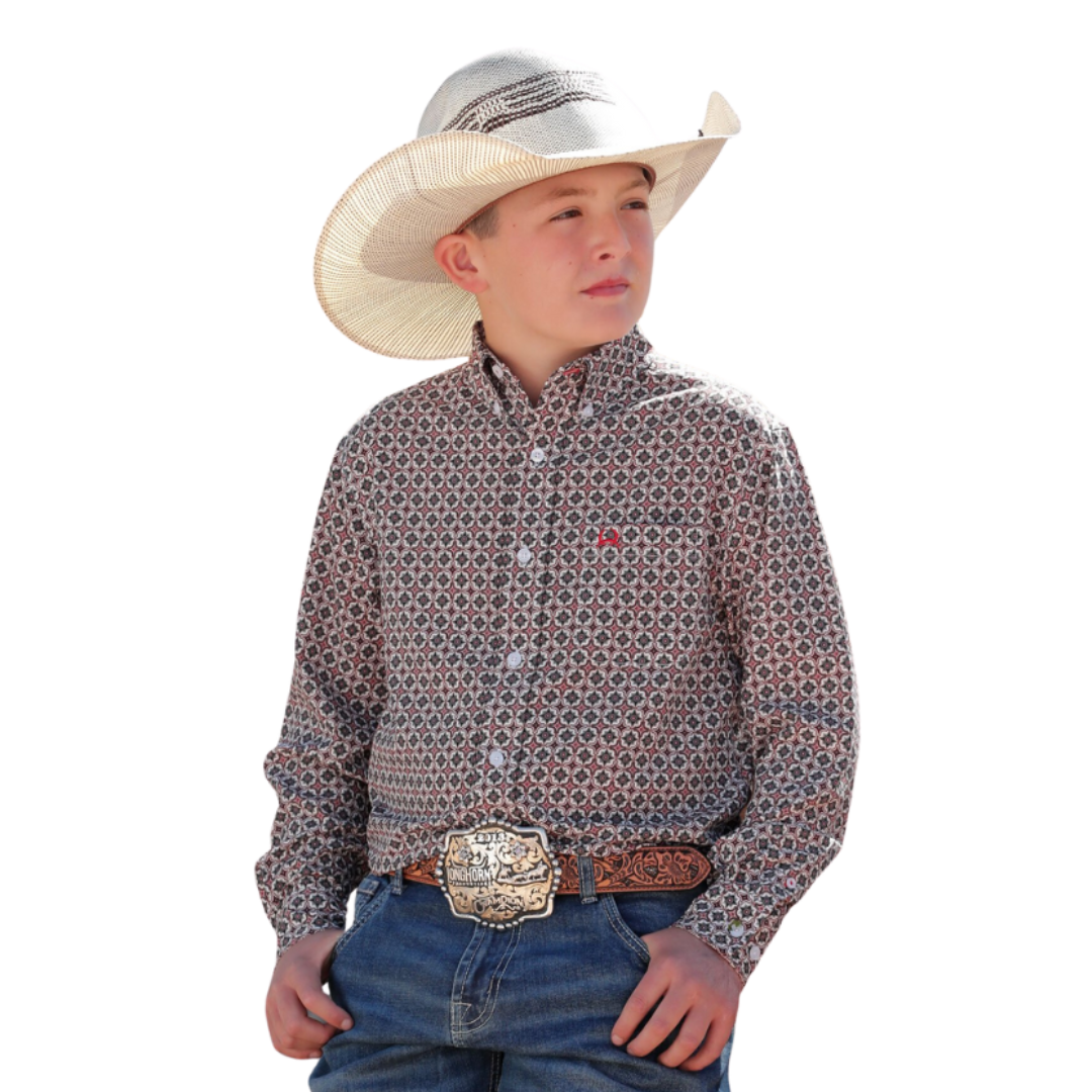 Cinch Youth Boy's Arenaflex Geometric Print Khaki Shirt