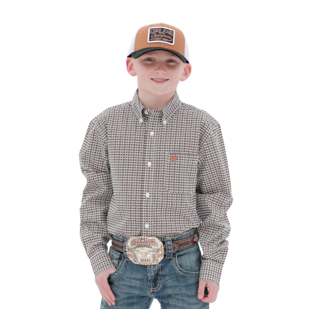 Cinch Youth Boy's Match Dad Geometric Print White Gold Shirt