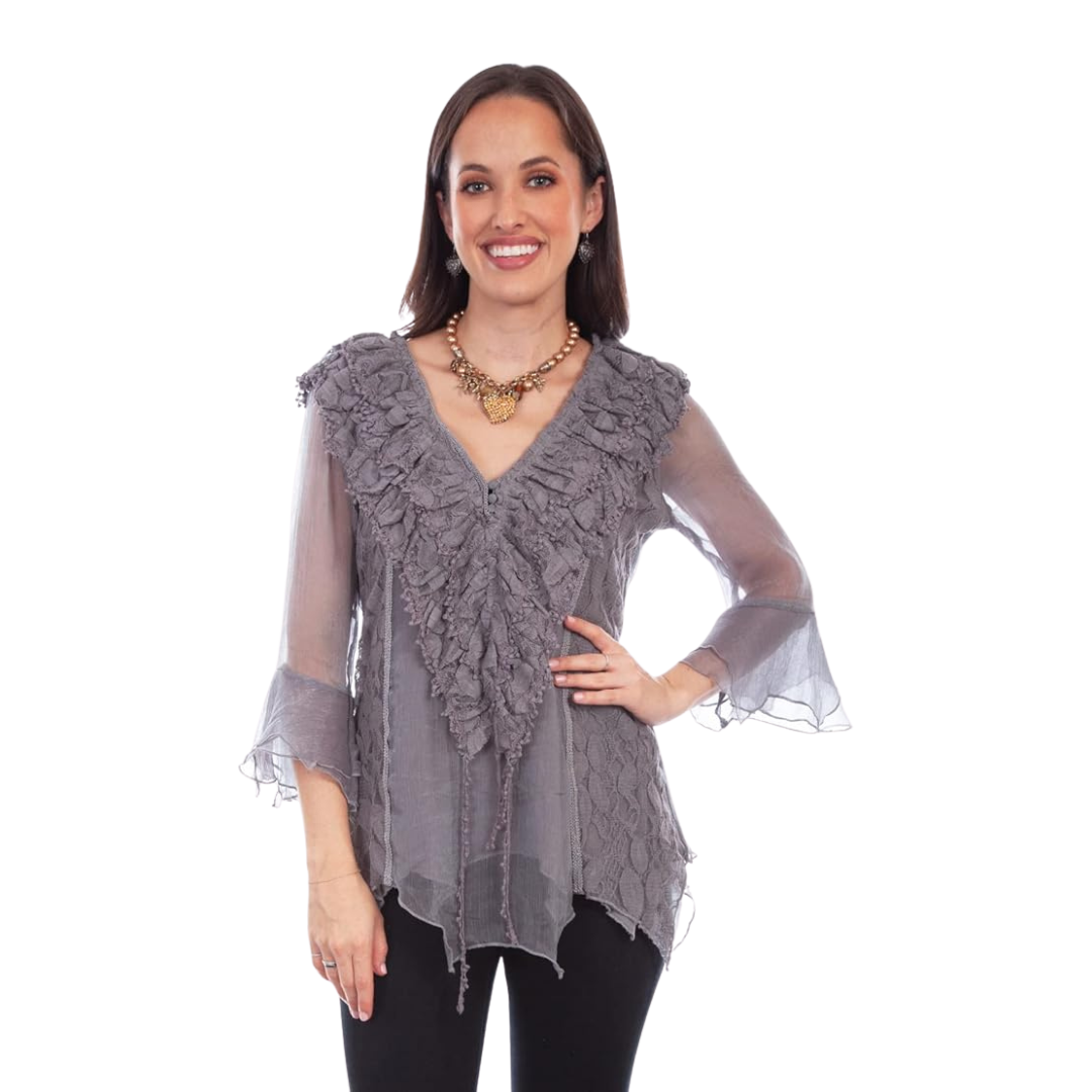 Scully Leathers Women's Crochet Grey Blouse