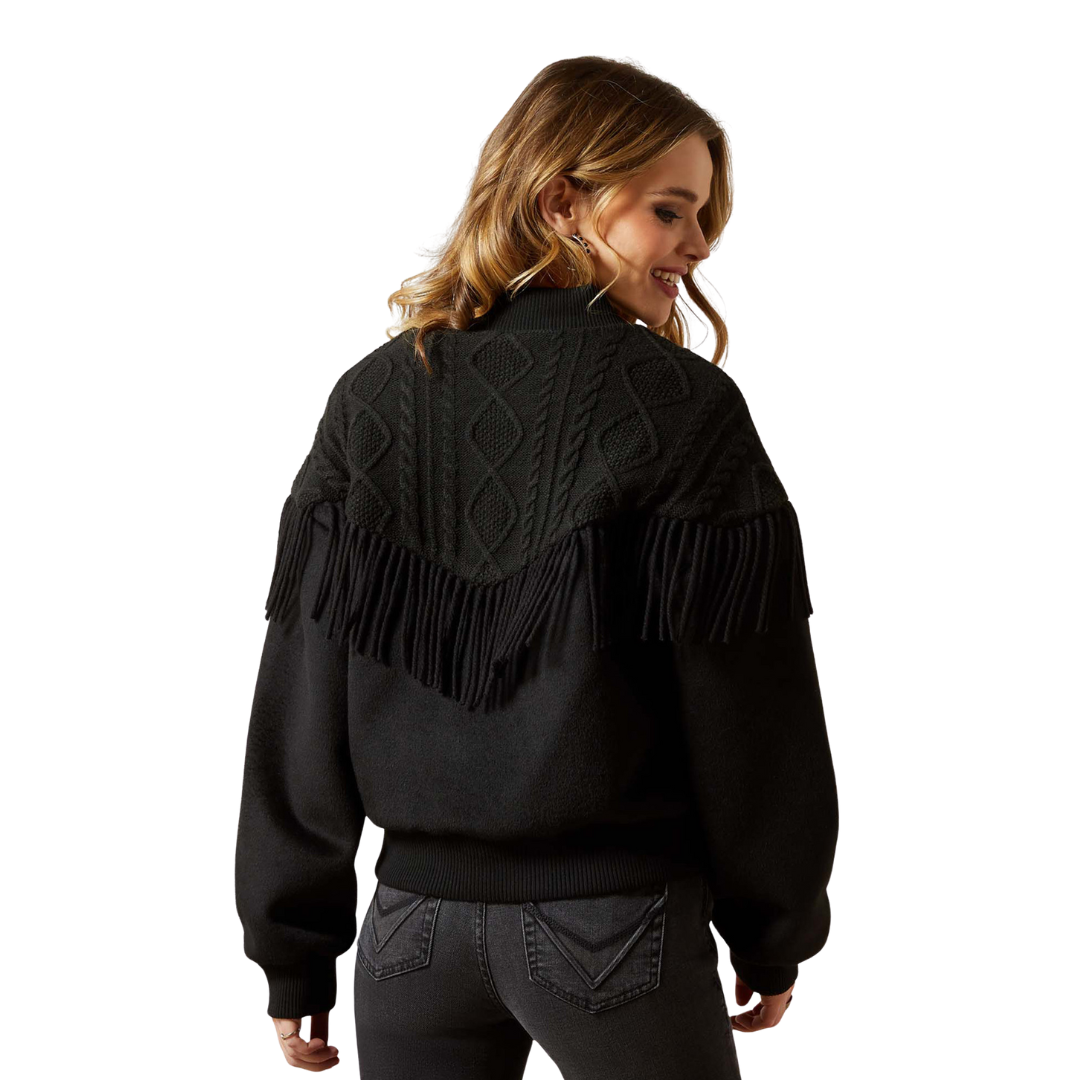 Ariat Women's Sweater Fringe Solid Zip Bomber Black Jacket
