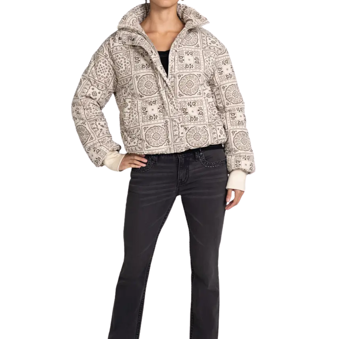 Miss Me Women's Paisley Print Conduroy Puffer Beige Jacket
