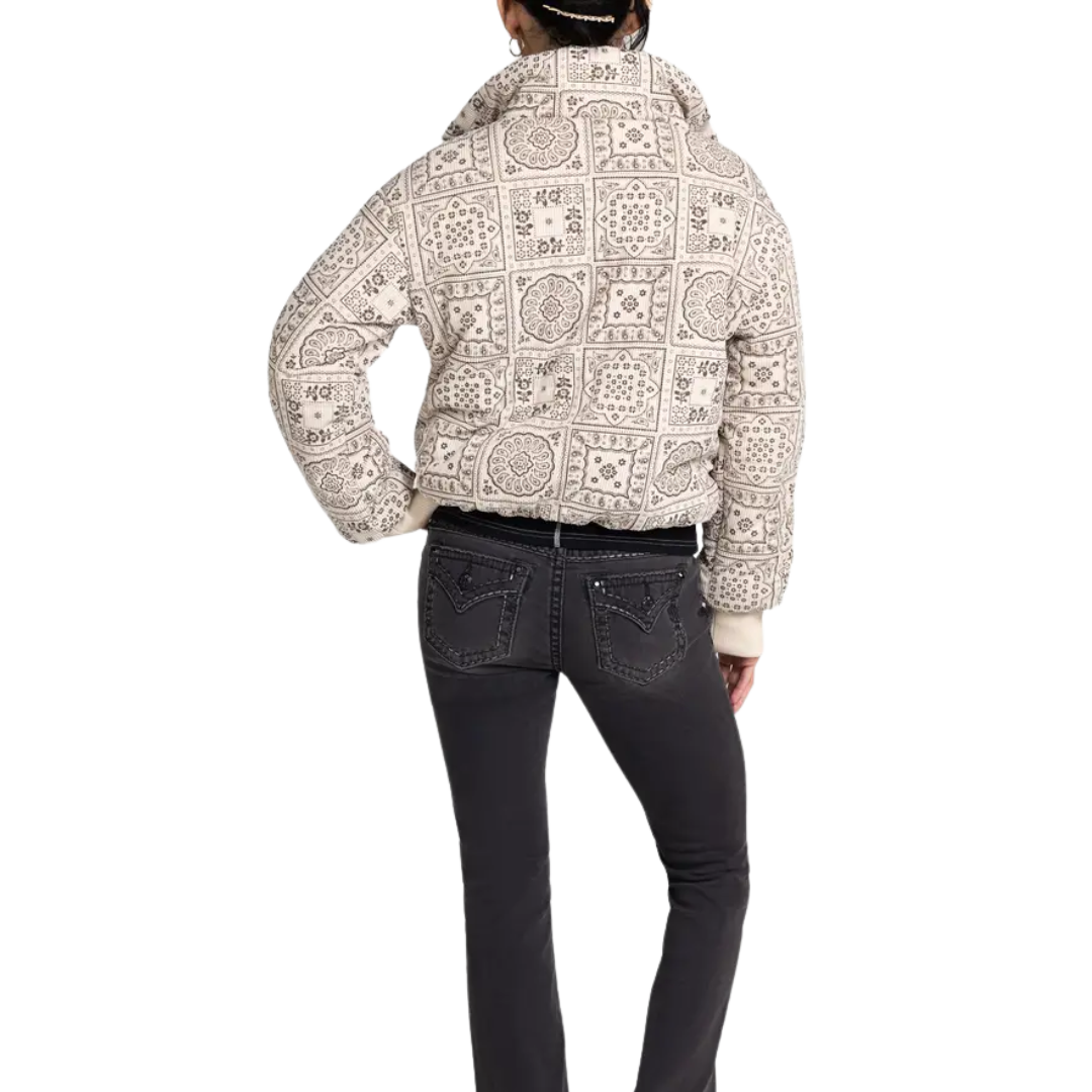 Miss Me Women's Paisley Print Conduroy Puffer Beige Jacket