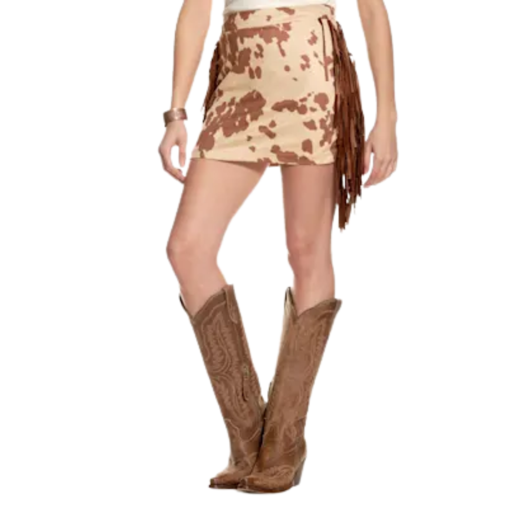 Fashion Express Women's Cow Print Fringe Tan Mini Skirt