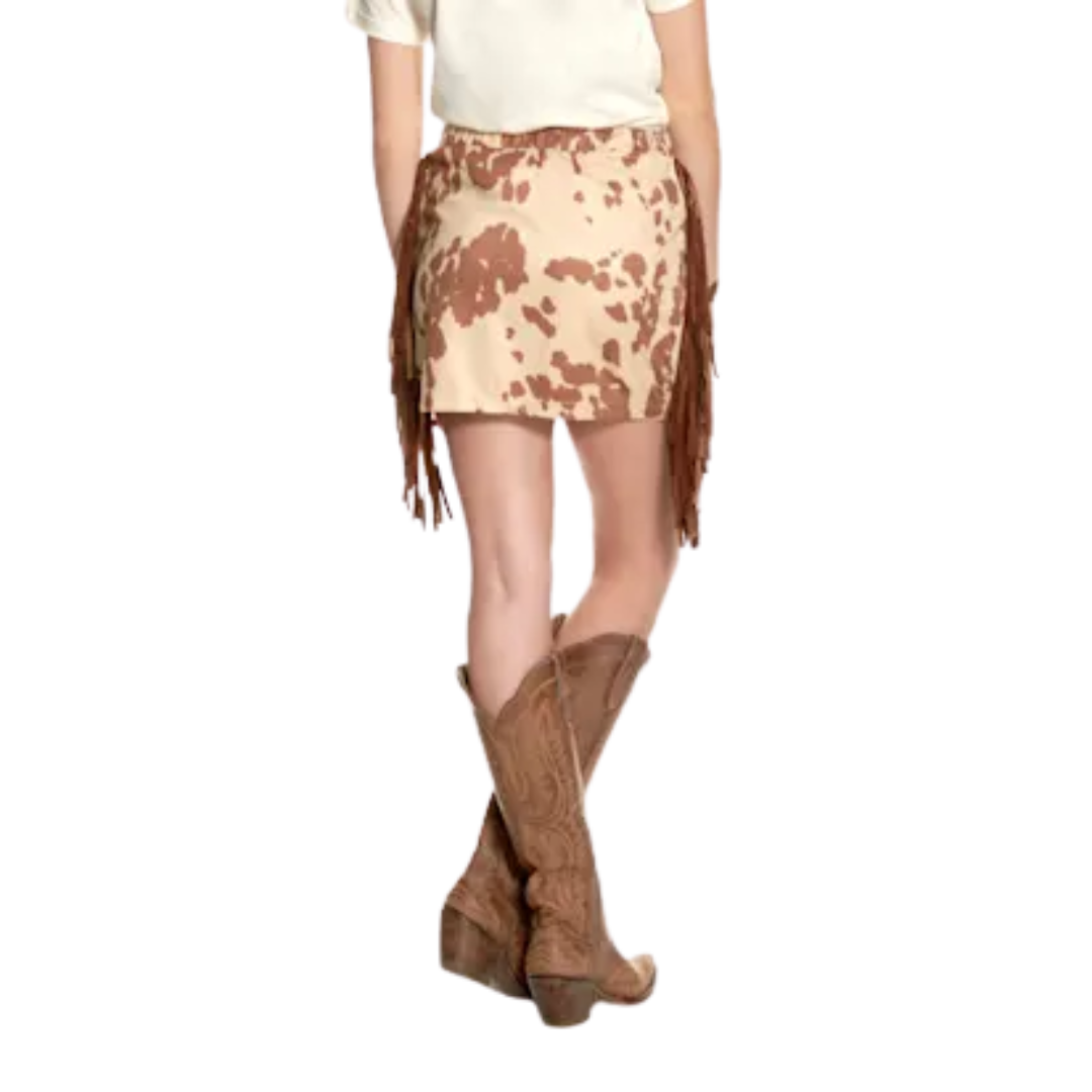 Fashion Express Women's Cow Print Fringe Tan Mini Skirt