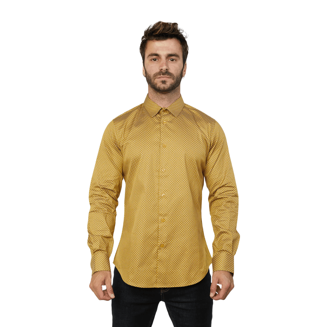Platini Men's Monogram Digital Print Dress Mustard Shirt