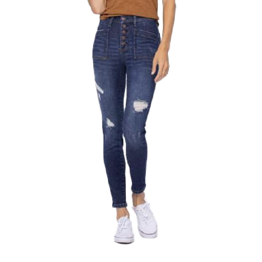 Judy Women's High Rise Distressed Bootcut Blue Jeans
