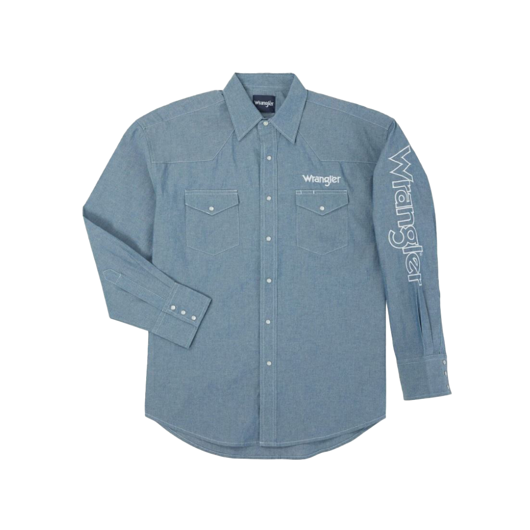 Wrangler Men’s Long Sleeve Button Down Logo Blue Shirt