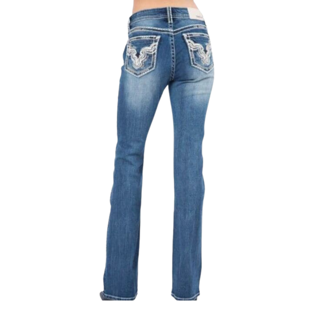 Grace In La Women's Longhorn Embroidered Pocket Easy Blue Jeans