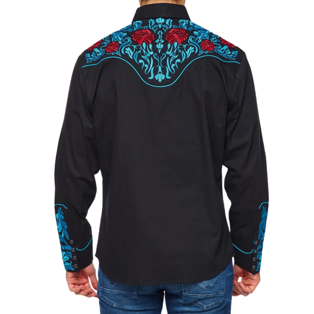 Avalon Men's Embroidered Roses Black Shirt