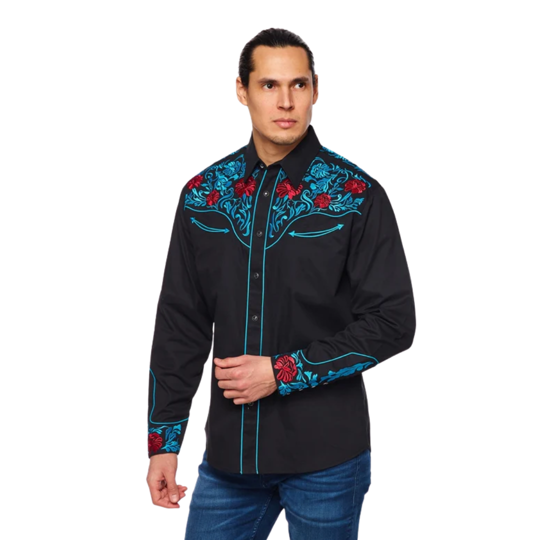 Avalon Men's Embroidered Roses Black Shirt
