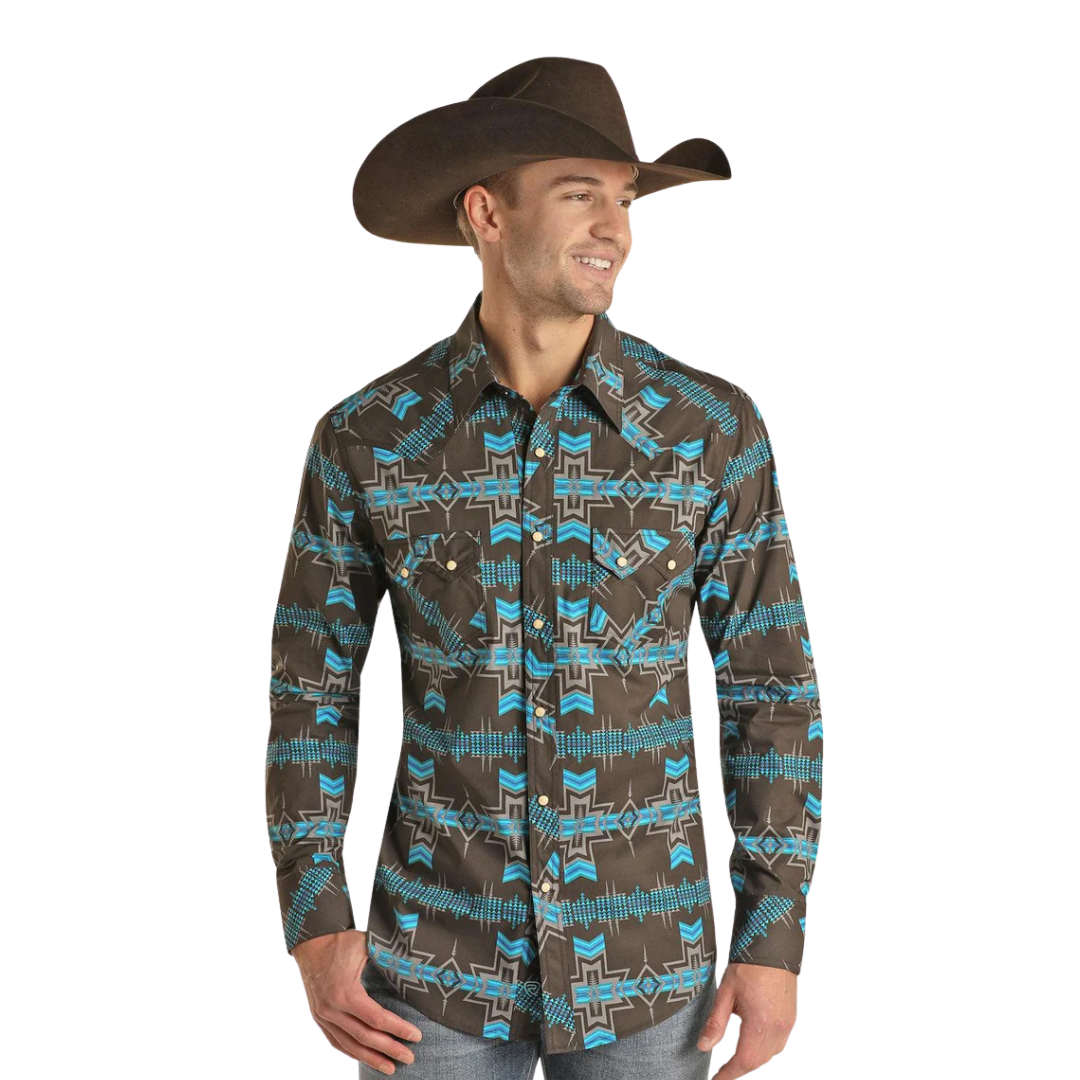 Panhandle Slim Men's Cowboy Charcoal Aztec Snap Teal Shirt
