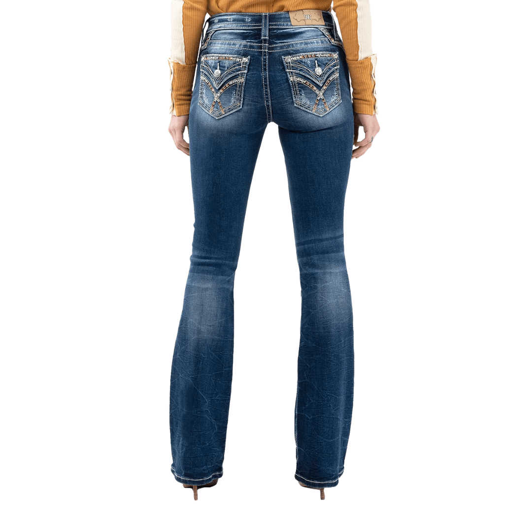 Miss Me Women's X Stitch Mid Rise Boot Cut Blue Jeans