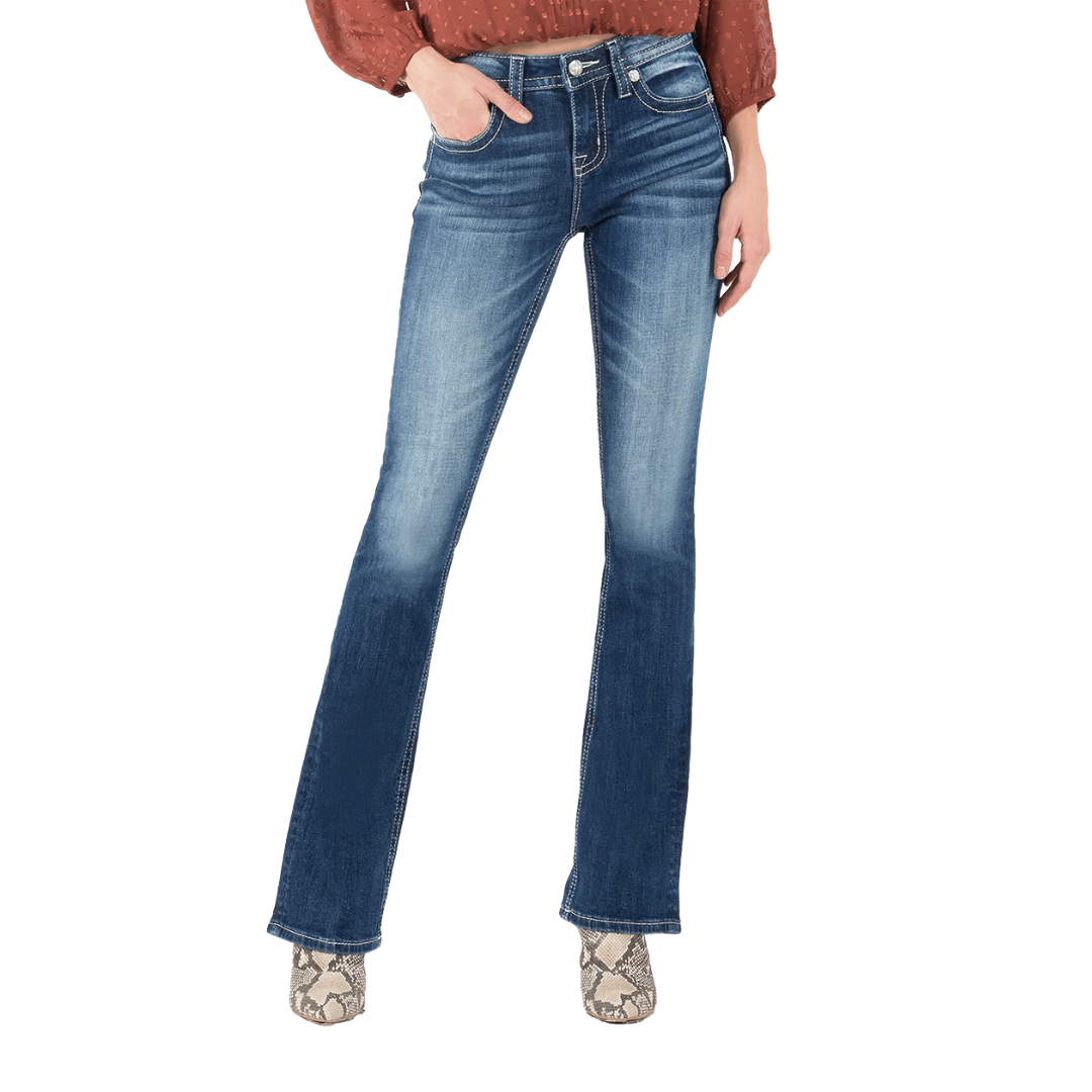 Miss Me Women's Distressed M Chloe Mid Rise Boot Cut Blue Jeans