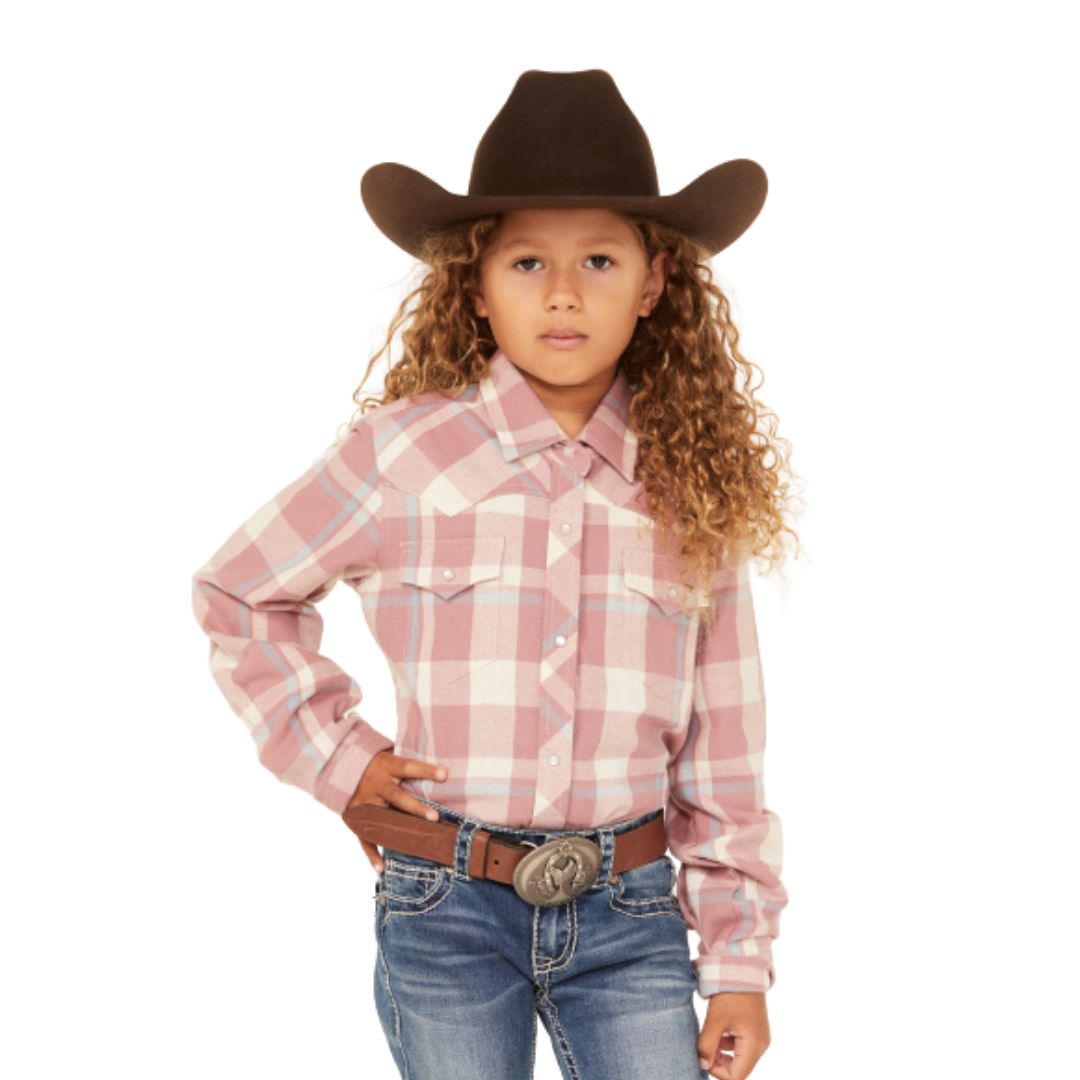 Ely & Walker Youth Girl's Plaid Print Long Sleeve Pearl Snap Pink Shirt