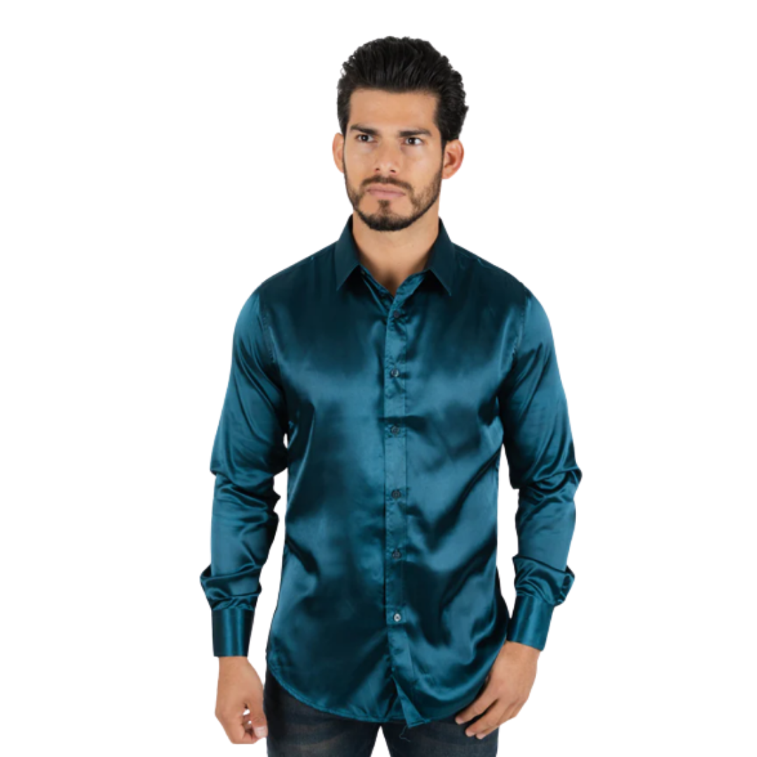 Platini Men's Solid Satin Dress Teal Shirt