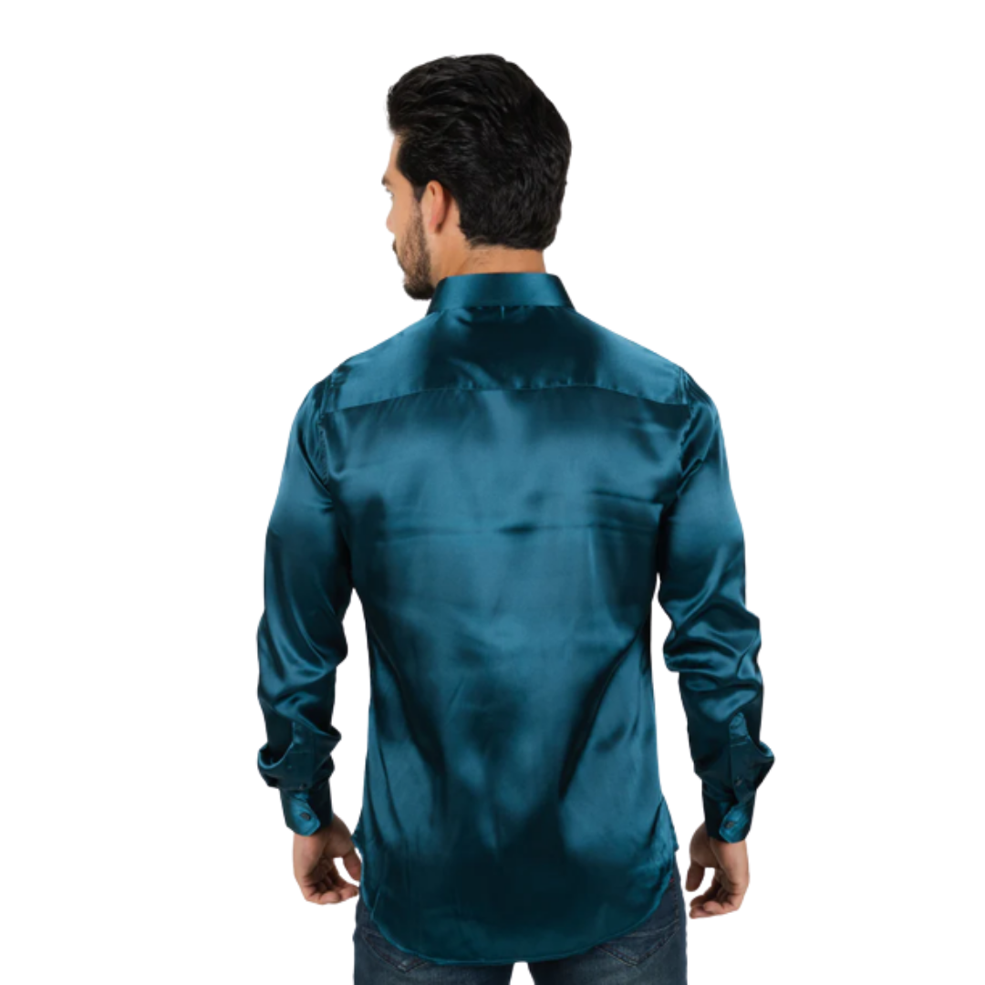 Platini Men's Solid Satin Dress Teal Shirt