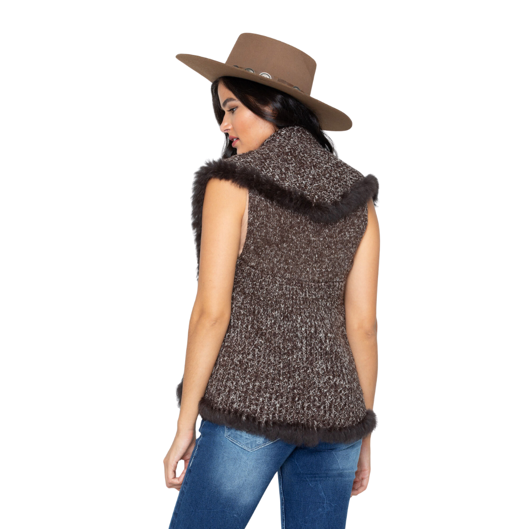 Sidran Women's Crochet Knit Rabbit Fur Trim Multicolor Vest