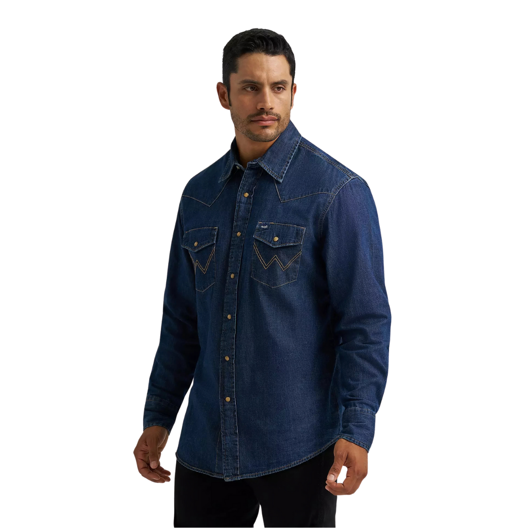 Wrangler Men's Classic Dark Wash Denim Blue Shirt