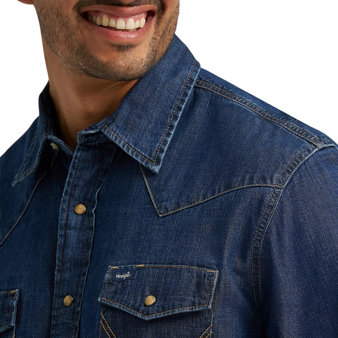 Wrangler Men's Classic Dark Wash Denim Blue Shirt