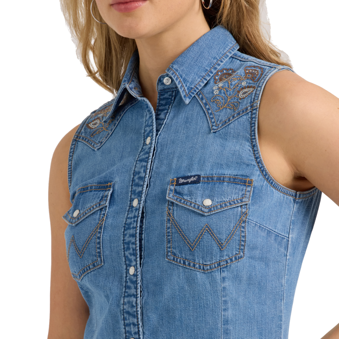 Wrangler Women's Embellished Denim Sleeveless Blue Shirt