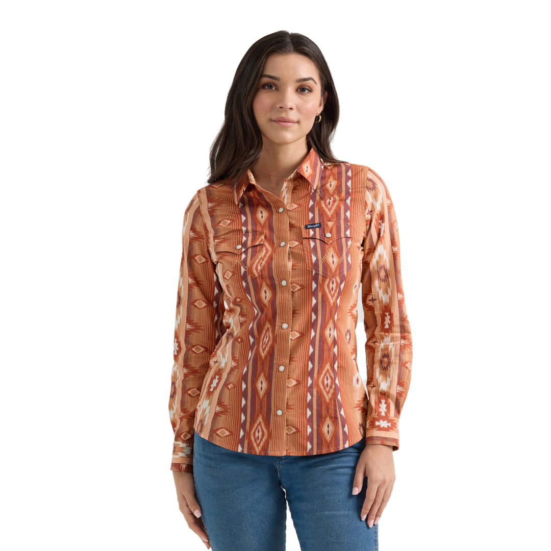 Wrangler Women's Checotah Classic Western Snap Orange Shirt