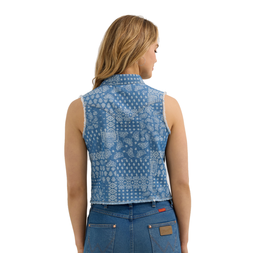 Wrangler Women's Print Denim Crop Western Blue Tank