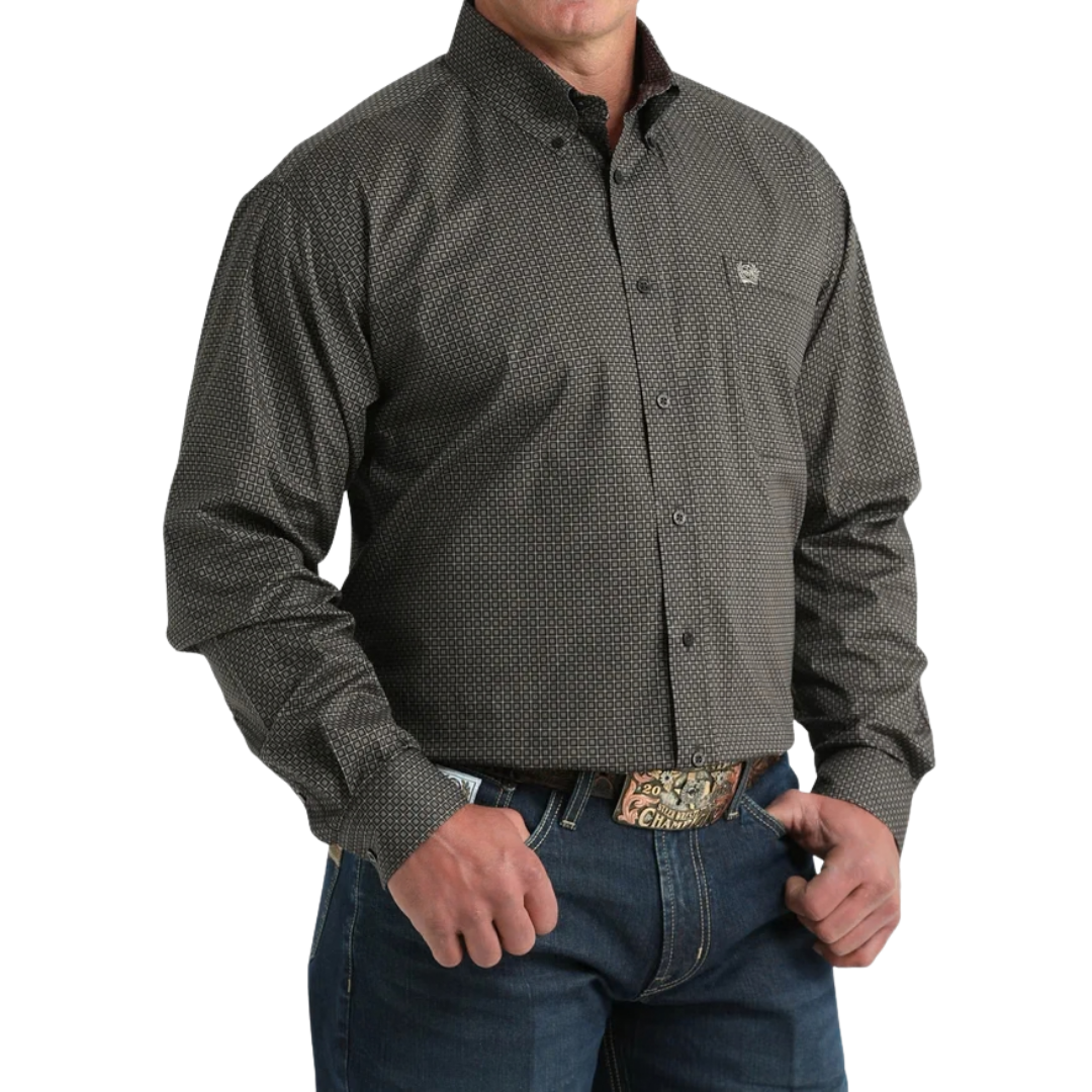 Cinch Men's Weave Geometric Print Grey Shirt