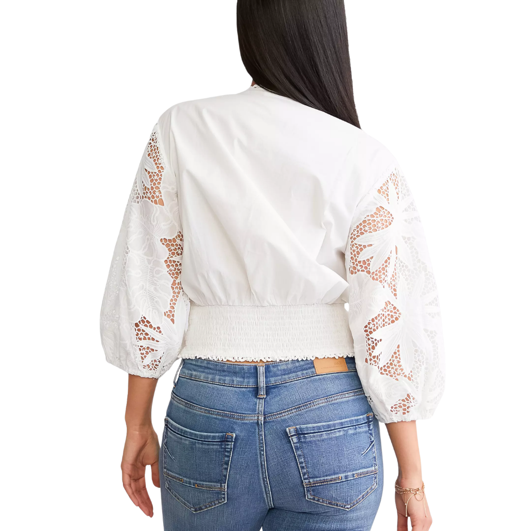 Miss Me Women's Twisted Surplice Lace White Top