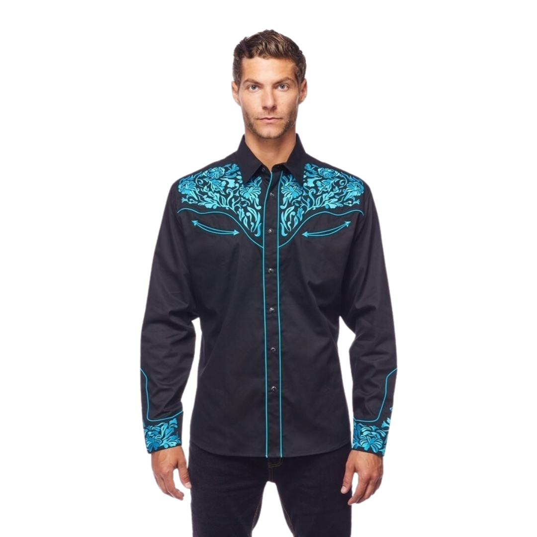 Avalon Men's Western Embroidered Black Shirt