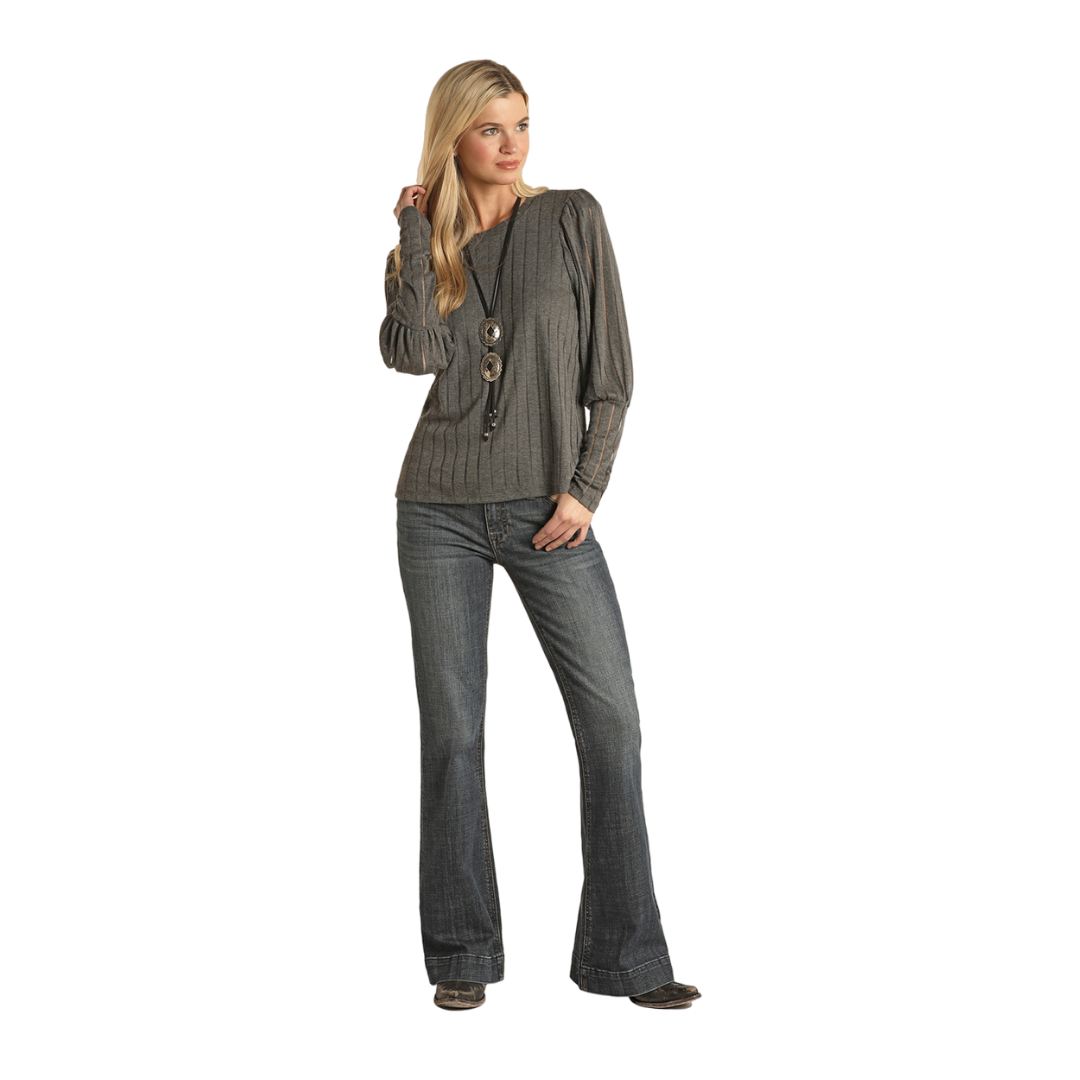 Panhandle Slim Women's Sheer Stripe Knit Puff Grey Sweater