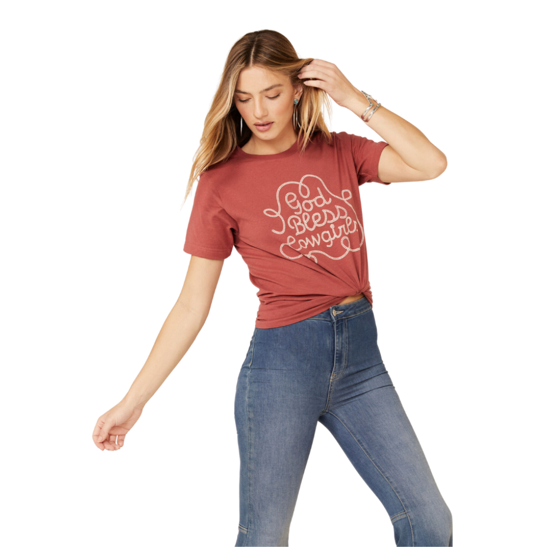 Ali Dee Women's God Bless Cowgirls Graphic Red Tee Shirt