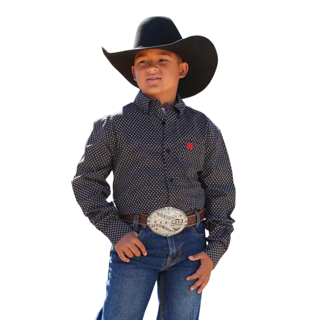 Cinch Youth Boy's Diamond Print Black Shirt