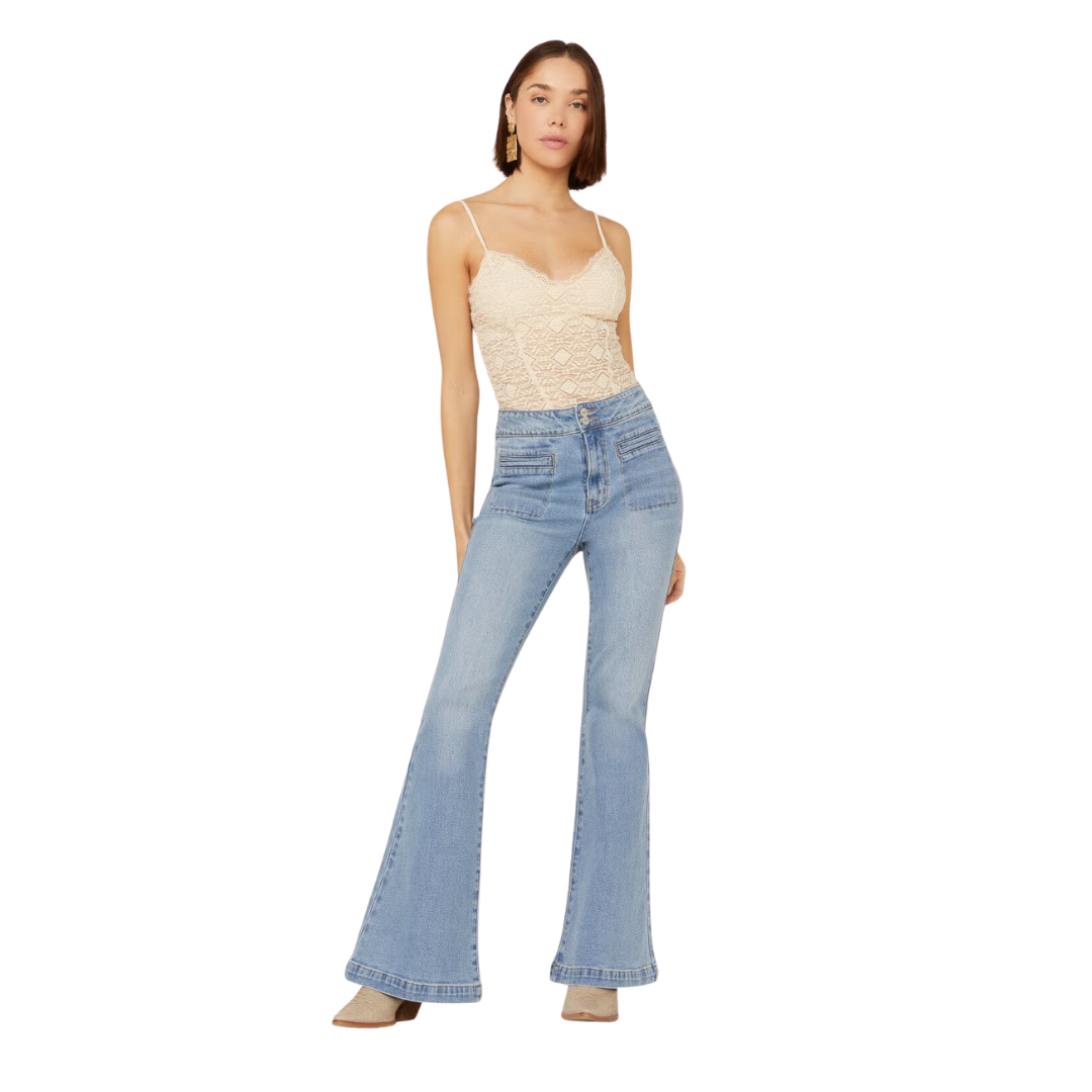 Ceros Women's Light Wash High Rise Flare Blue Jeans