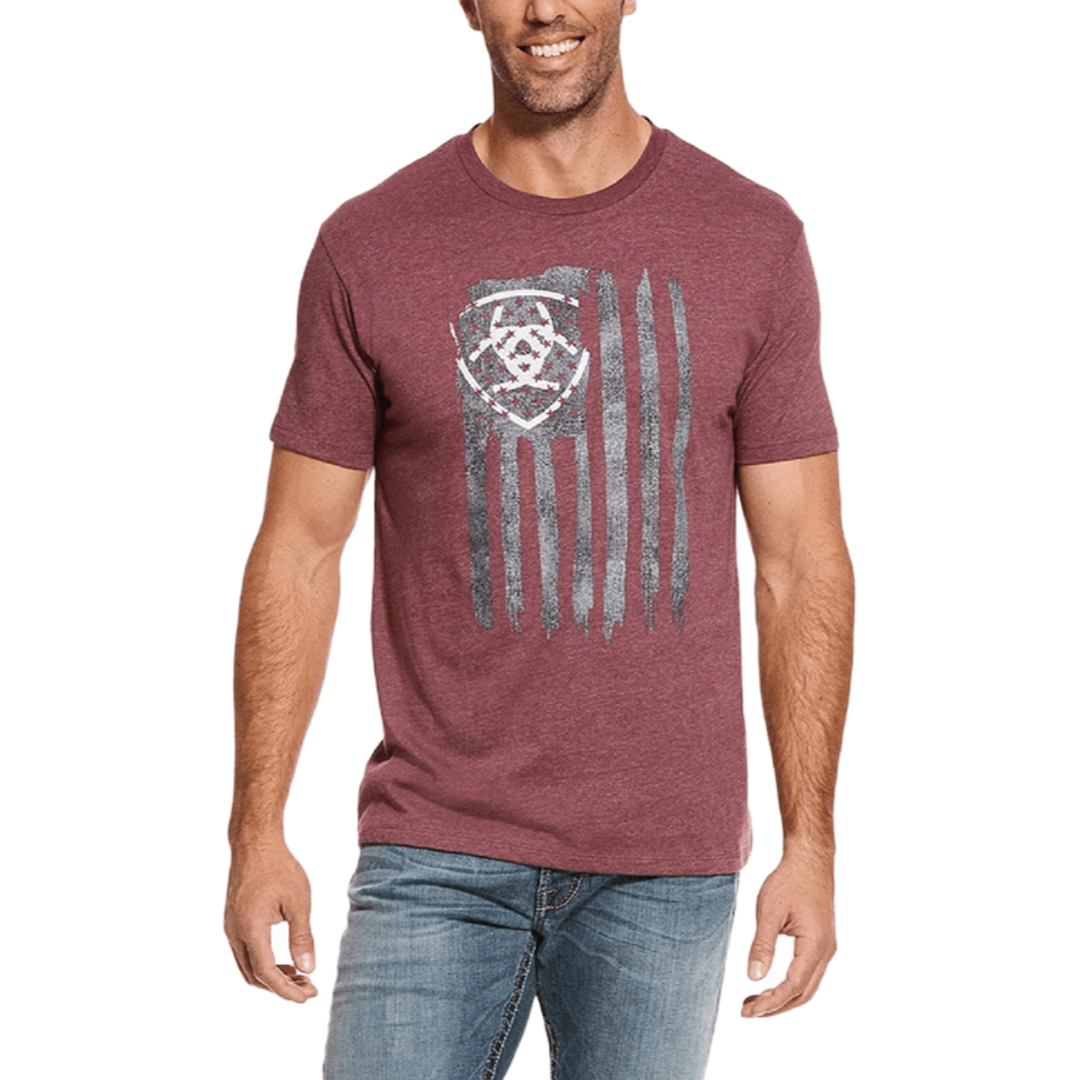 Ariat Men's Heather Vertical Flag Short Sleeve Burgundy Tee Shirt