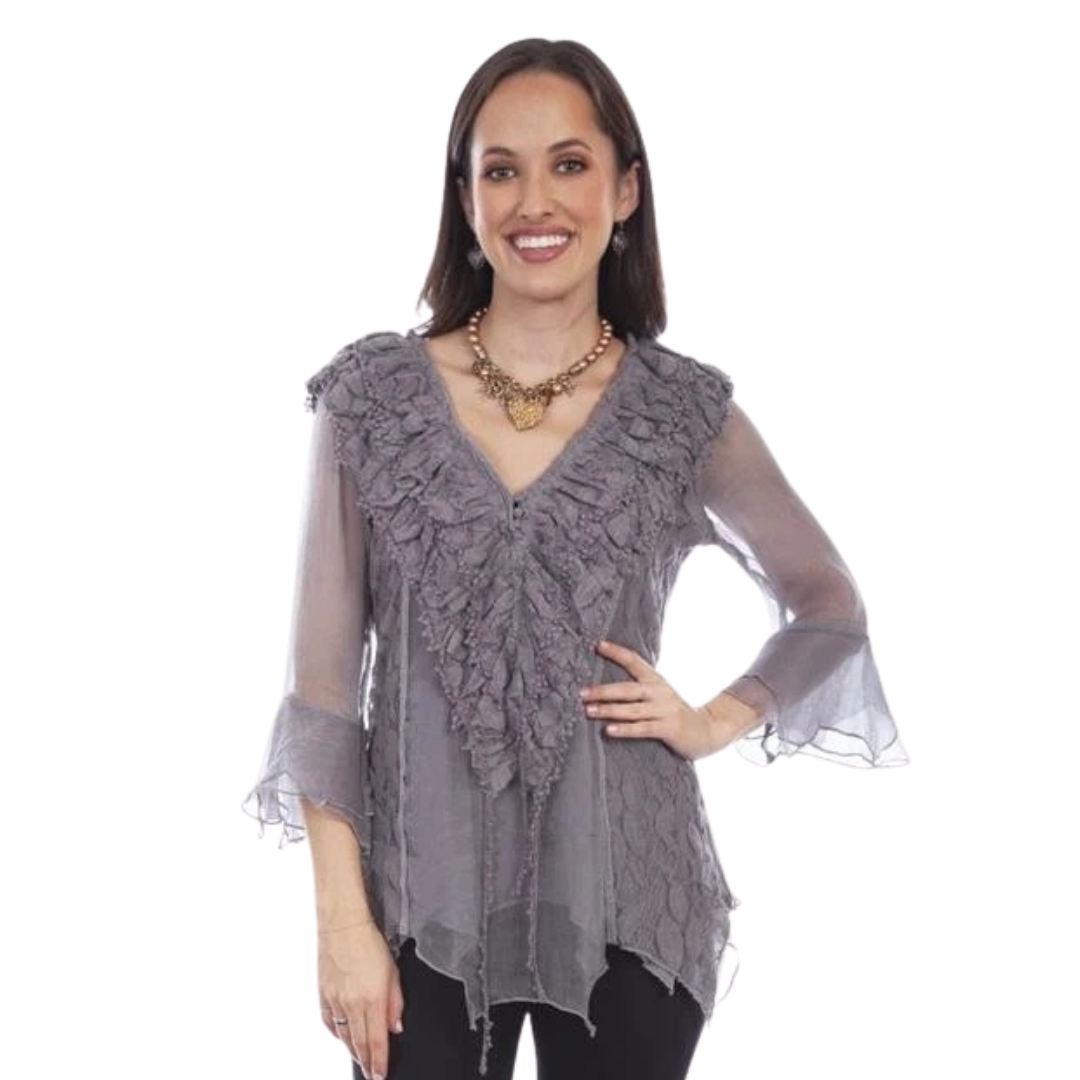 Scully Leathers Women's Crochet Lace Grey Top