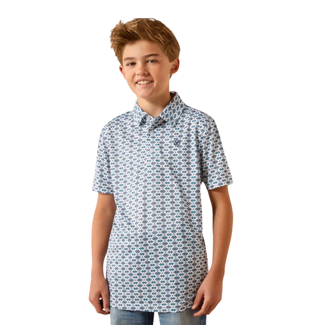 Ariat Youth Boy's All Over Print Polo Space White Shirt