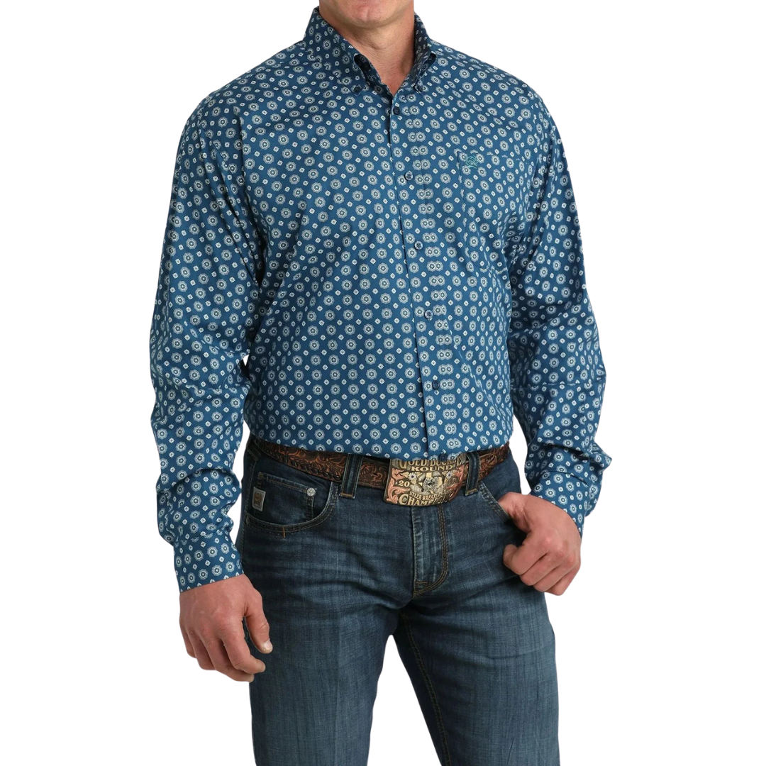 Cinch Men's Floral Geo Print Blue Shirt
